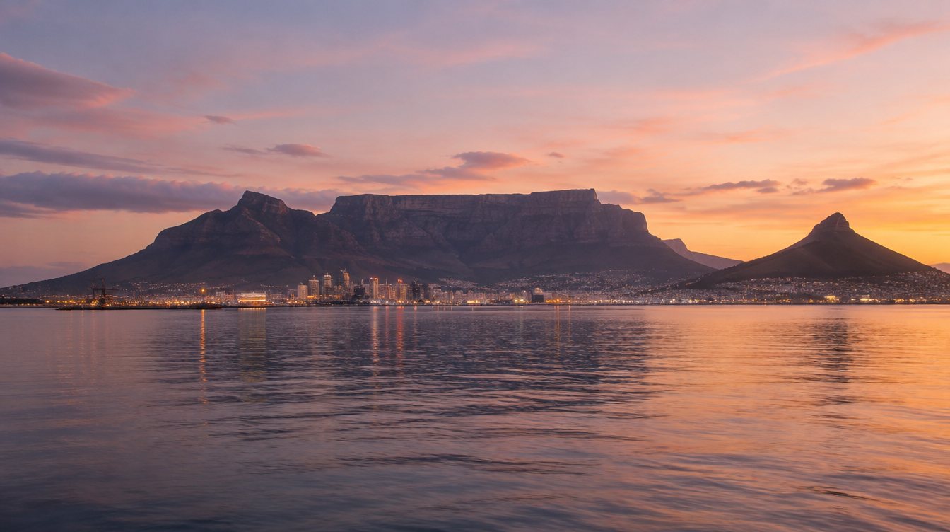 Tafelberg und Kapstadt in der Abenddämmerung